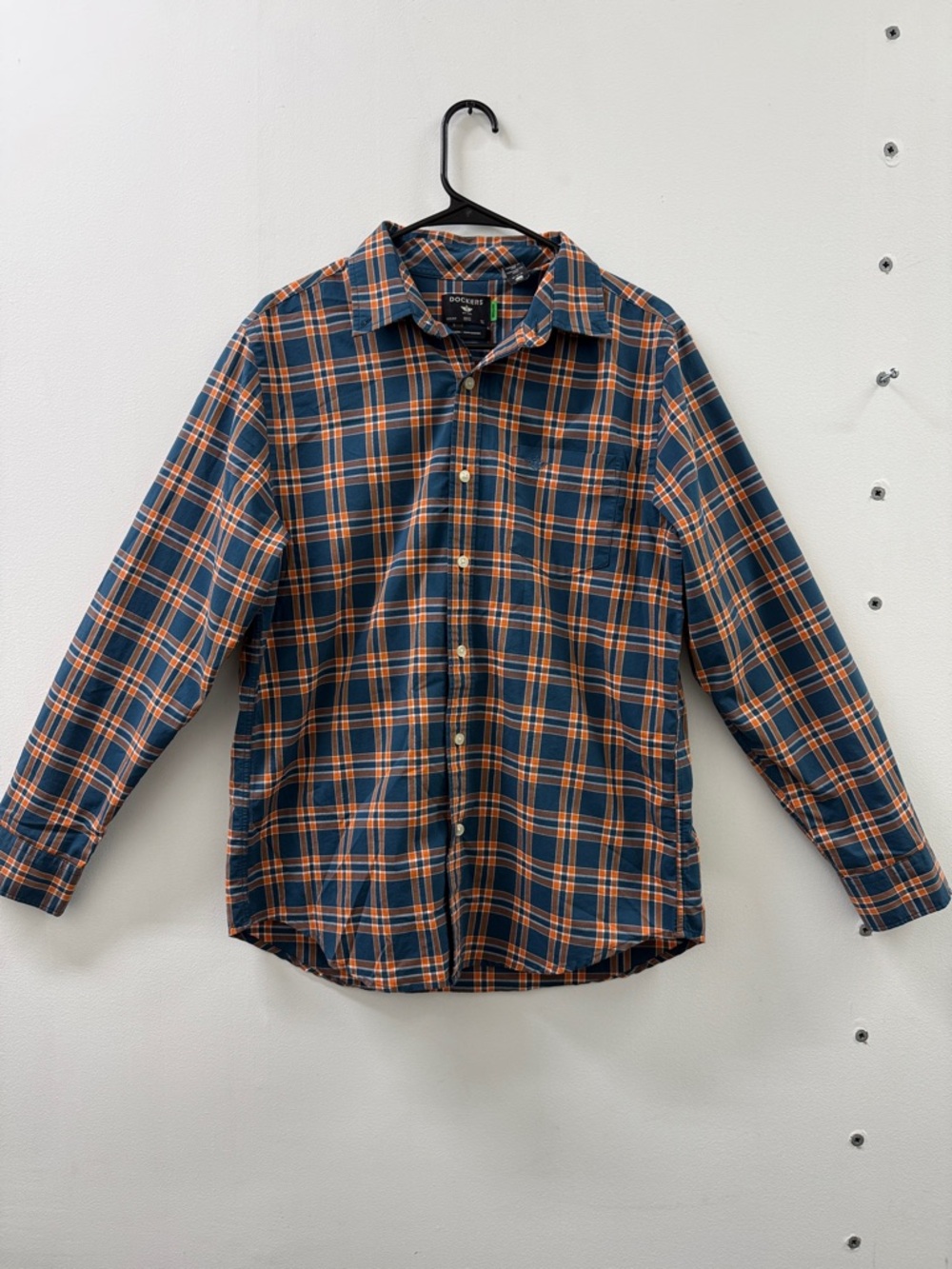 Dockers Navy and Orange Plaid Long-Sleeve Button-Up Shirt